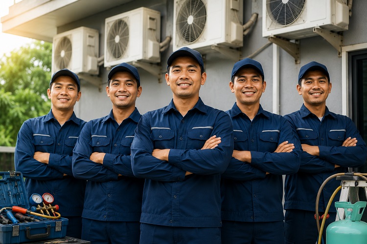 Teknisi service AC Jakarta sedang memperbaiki unit AC split
